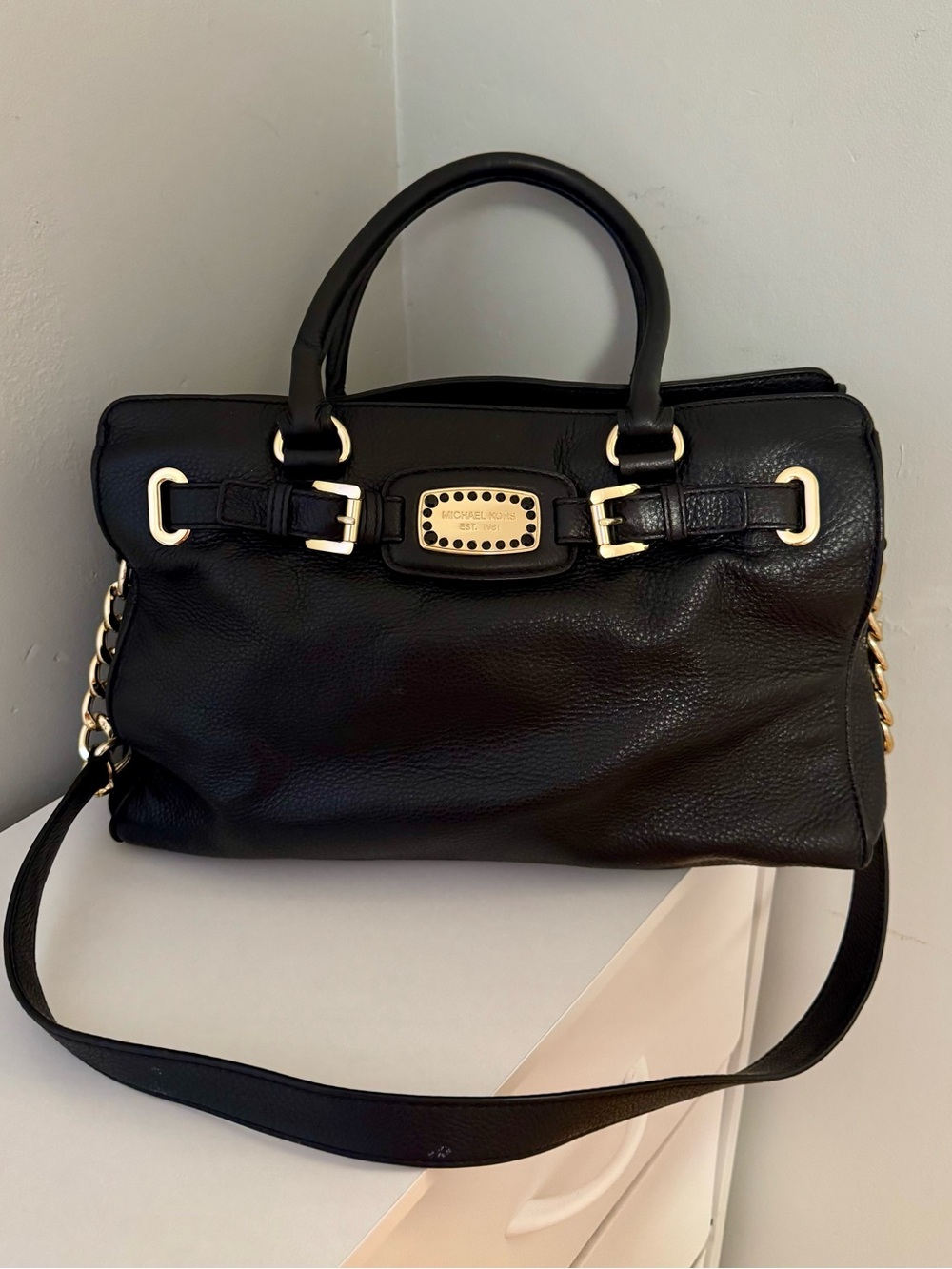 MICHAEL Michael Kors Black Pebbled Leather Hamilton Moderne Large Satchel Bag